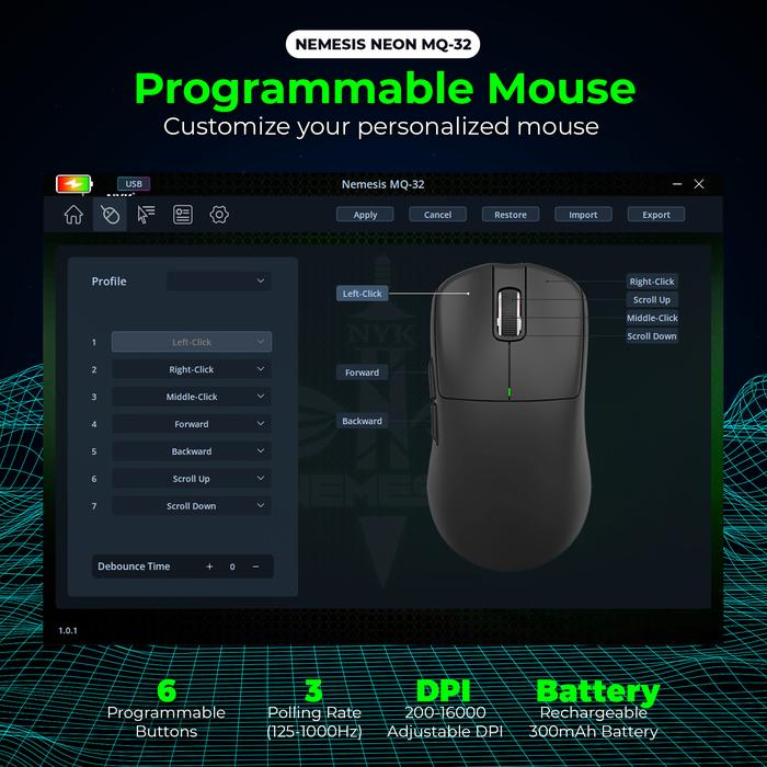NYK Nemesis Neon MQ32 / MQ-32 Gaming Mouse Lightweight PAW3311 Wireless 2.4Ghz Tri-mode Connection