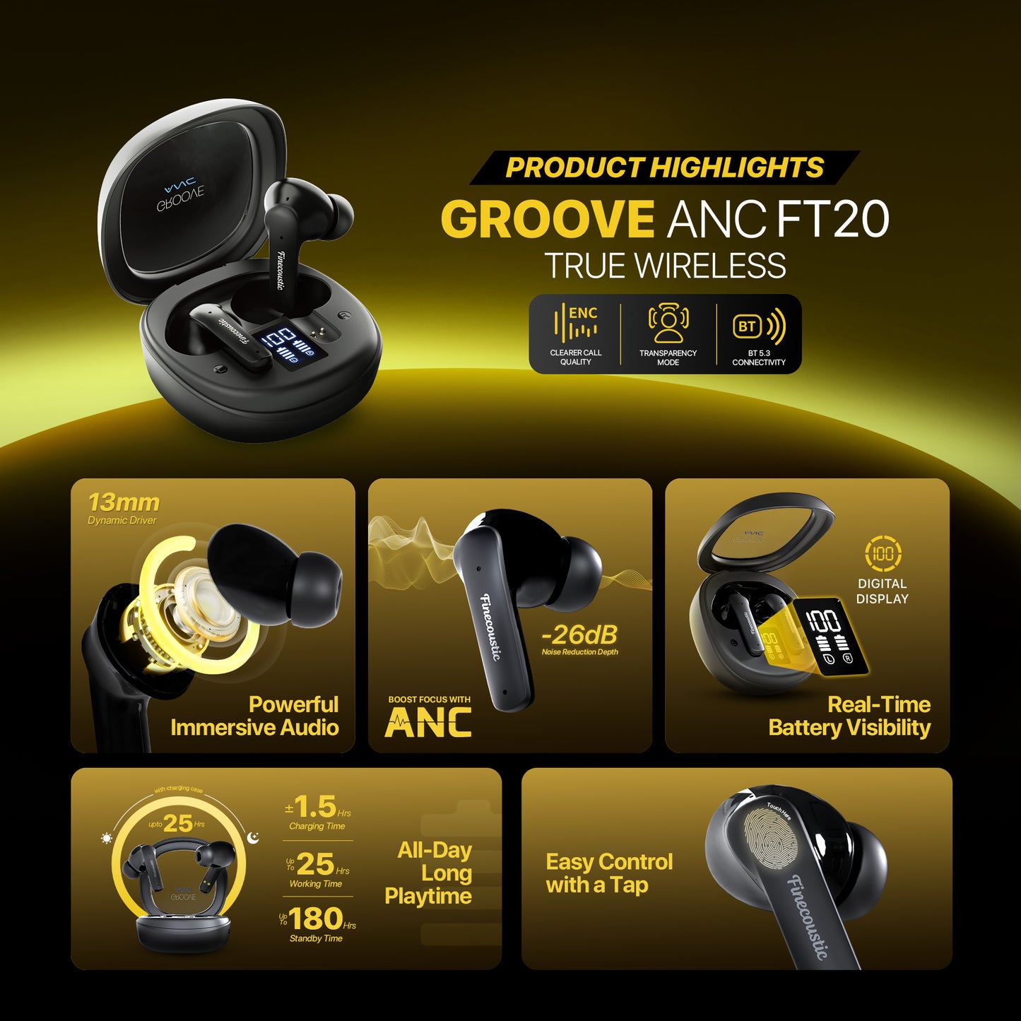 Fantech Finecoustic Groove FT20 ANC TWS Bluetooth 13mm Driver Clear Call Display Indicator