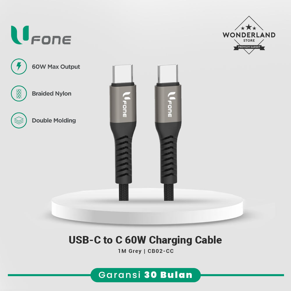 U1me x Ufone Kabel Data USB-C to USB-C Fast Charging 3A 60W Max Braided Nylon