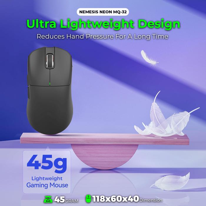 NYK Nemesis Neon MQ32 / MQ-32 Gaming Mouse Lightweight PAW3311 Wireless 2.4Ghz Tri-mode Connection