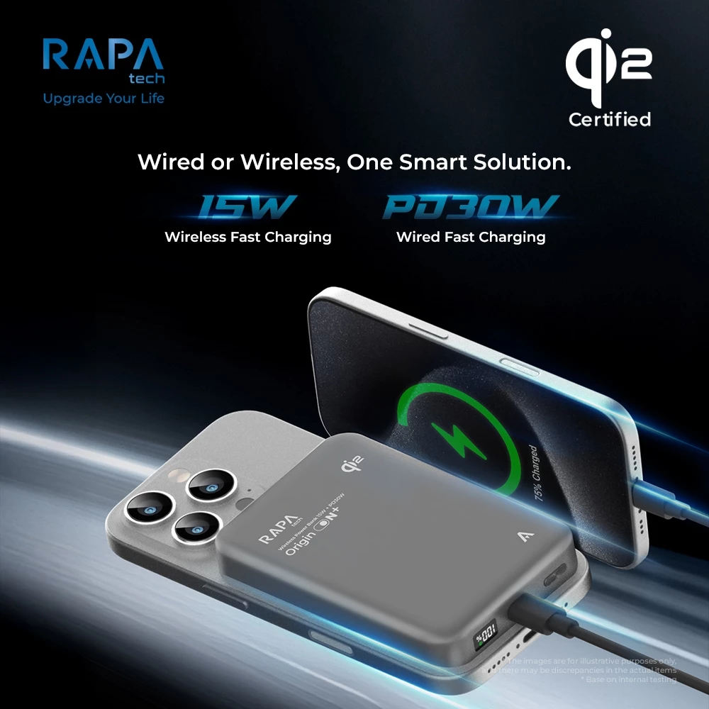 RAPAtech Origin ON+ Qi2 30W Powerbank Magsafe LED Display Wireless PB 10000Mah