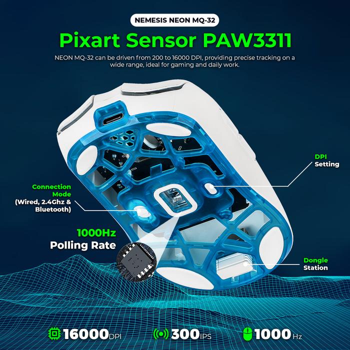 NYK Nemesis Neon MQ32 / MQ-32 Gaming Mouse Lightweight PAW3311 Wireless 2.4Ghz Tri-mode Connection