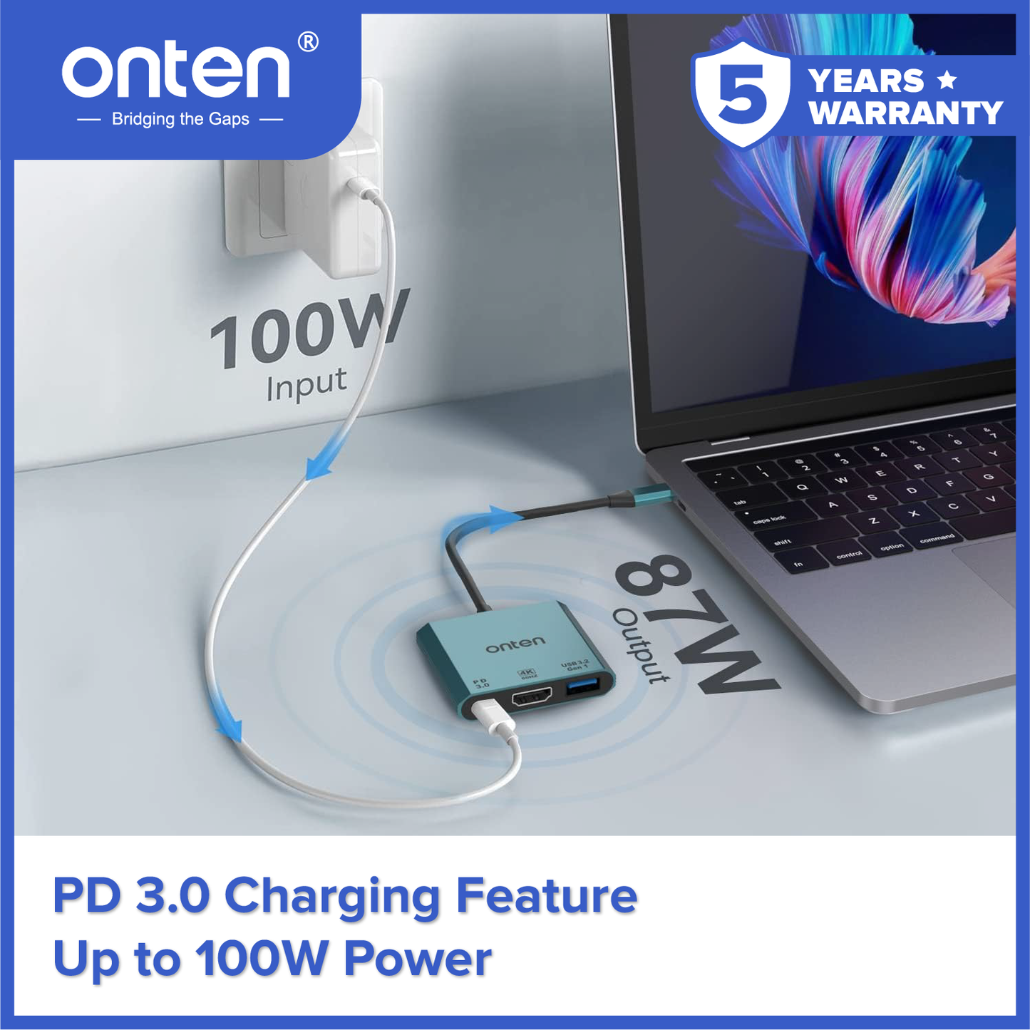 Onten Converter 3in1 USB-C to 4K HDMI & USB 3.2 GEN 1 For Duplicate atau Extend Display OTN-UC301
