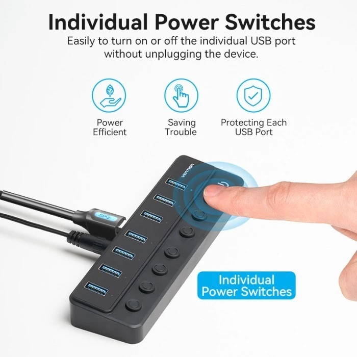 Vention Hub 8 in 1 3.0 Individual Power Switches Led & DC 5.5mm Power Adapter - CHX