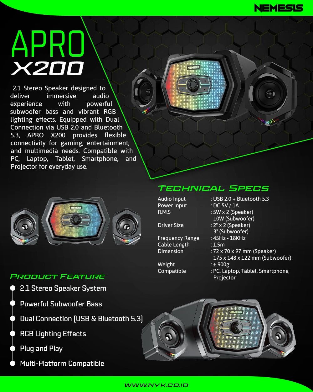 Nemesis Speaker APRO X200 Subwoofer Multimedia 2.1 Stereo Bass Music Box For PC/Laptop Dual Connection