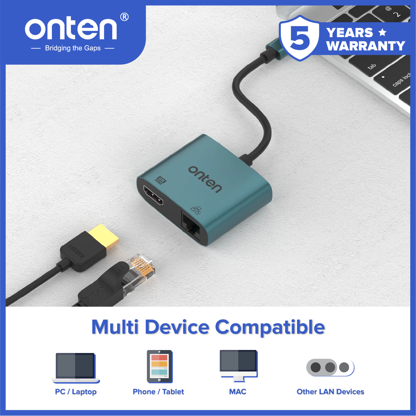 Onten Converter 2in1 USB-C to 4K HDMI+LAN RJ45 USB HUB OTN-UC288