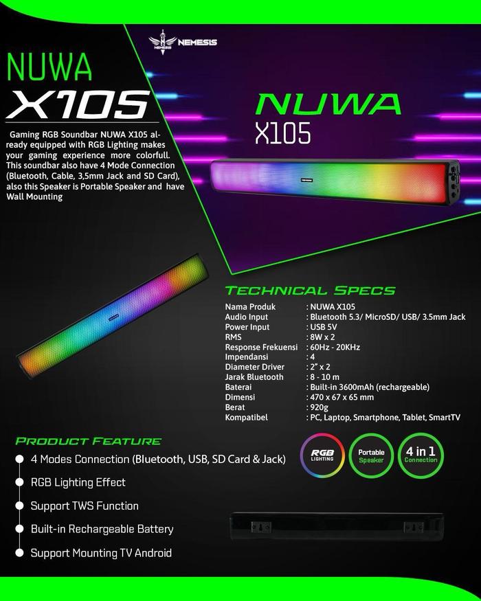 NYK Nemesis Nuwa X105 / Nuwa X-105 Speaker Bluetooth Portable With RGB