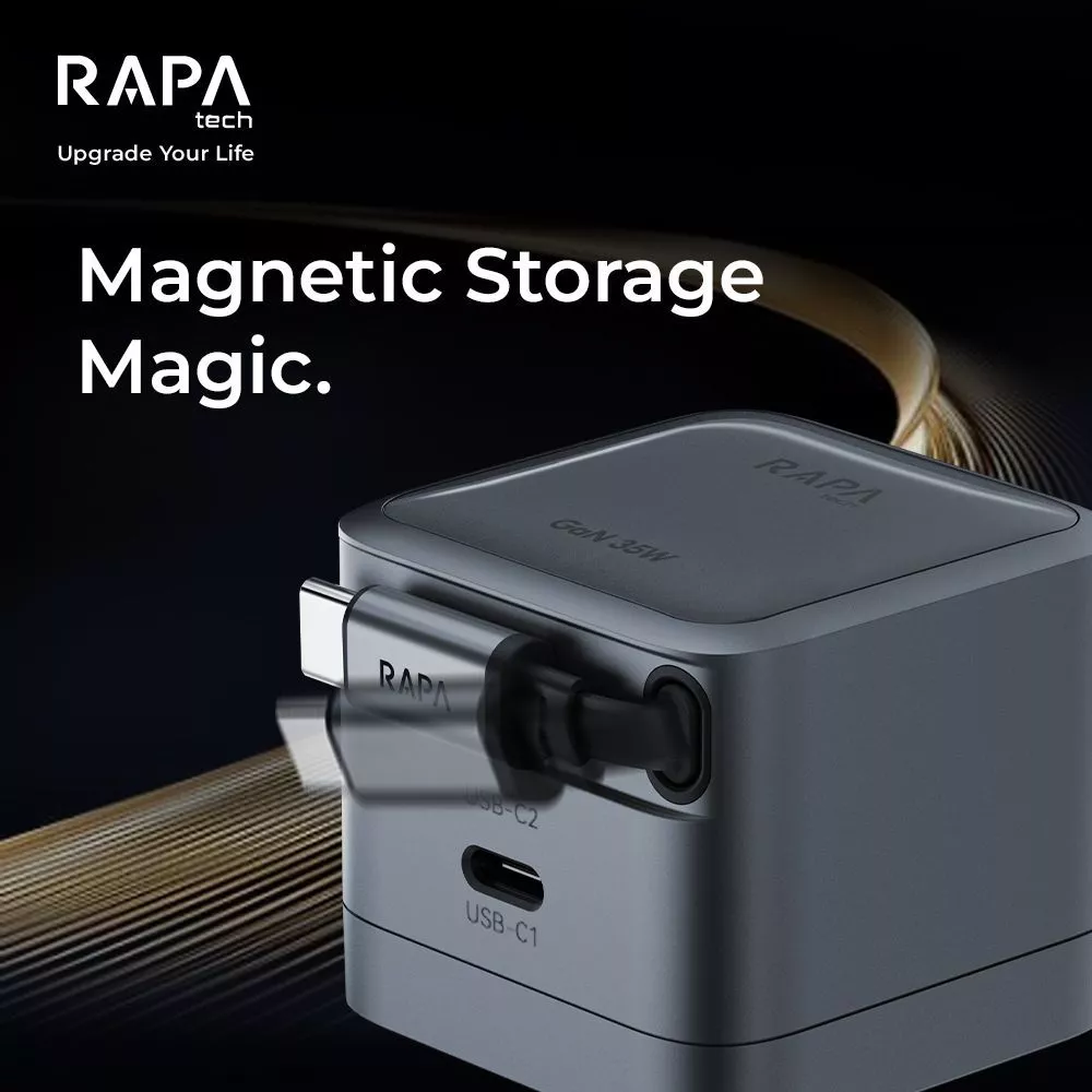 RAPAtech Power Loop GaN PD 35W 67W Adaptor Charger with Dual Port Retractable Cable USB-C