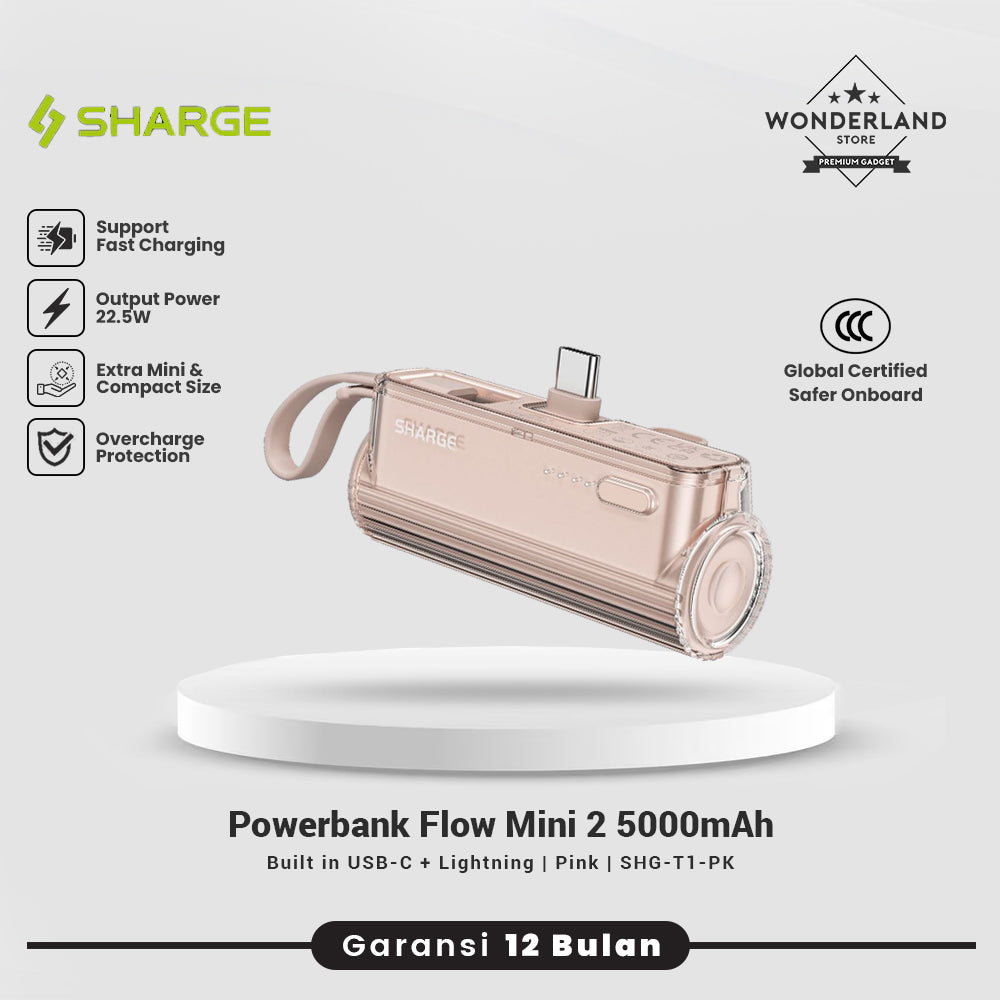 Sharge Powerbank Flow Mini 2 Duo 5000mAh Built-in USB-C + Lightning PD 22.5W Fast Charging