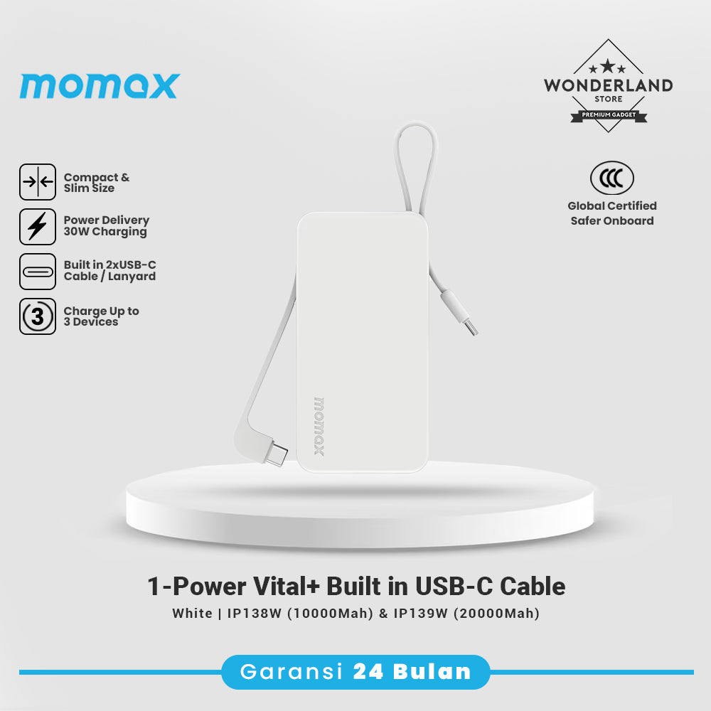 Momax CCC Powerbank 1-Power Vital+ Power Bank 30W 10000mAh With 2 Built-In USB-C Cables