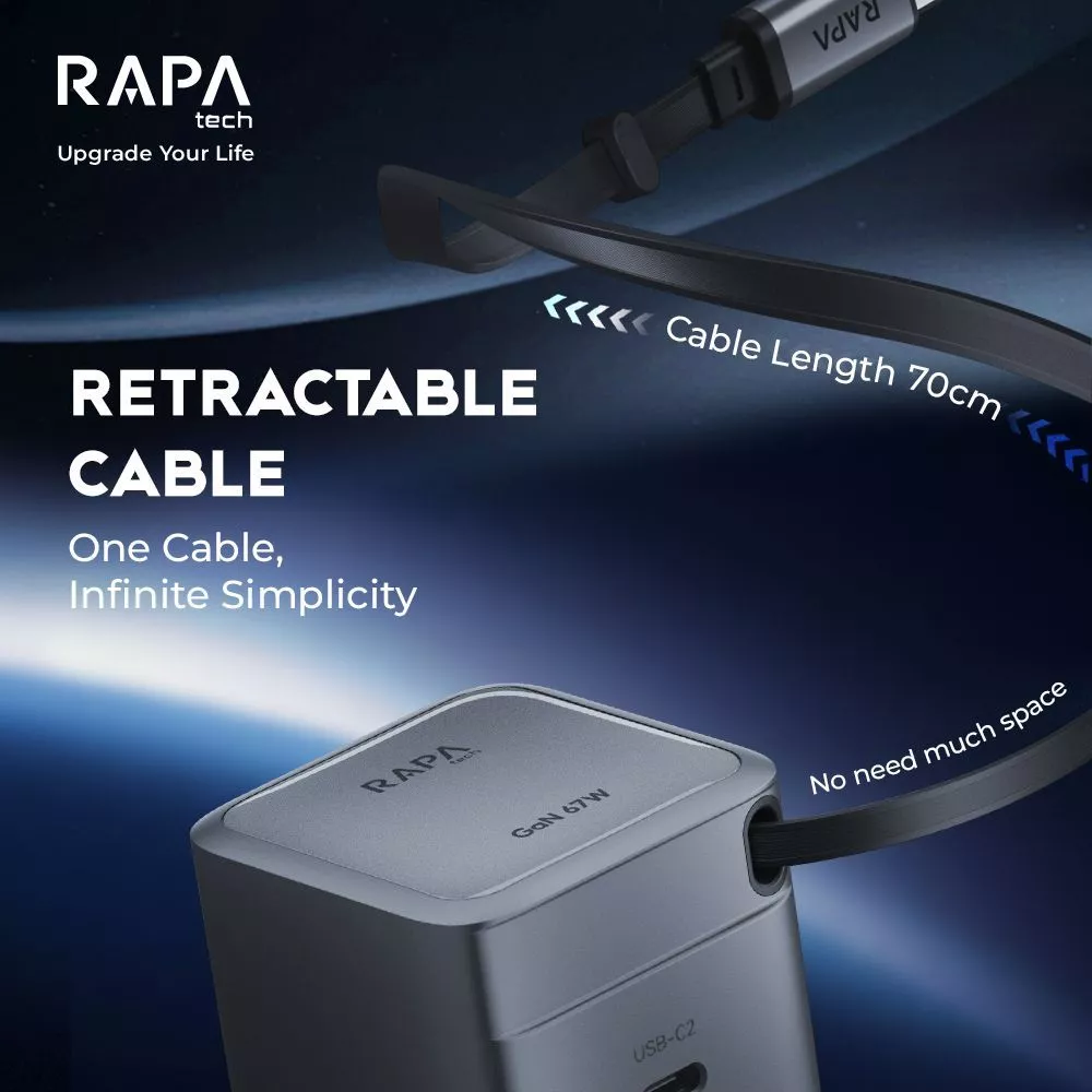 RAPAtech Power Loop GaN PD 35W 67W Adaptor Charger with Dual Port Retractable Cable USB-C