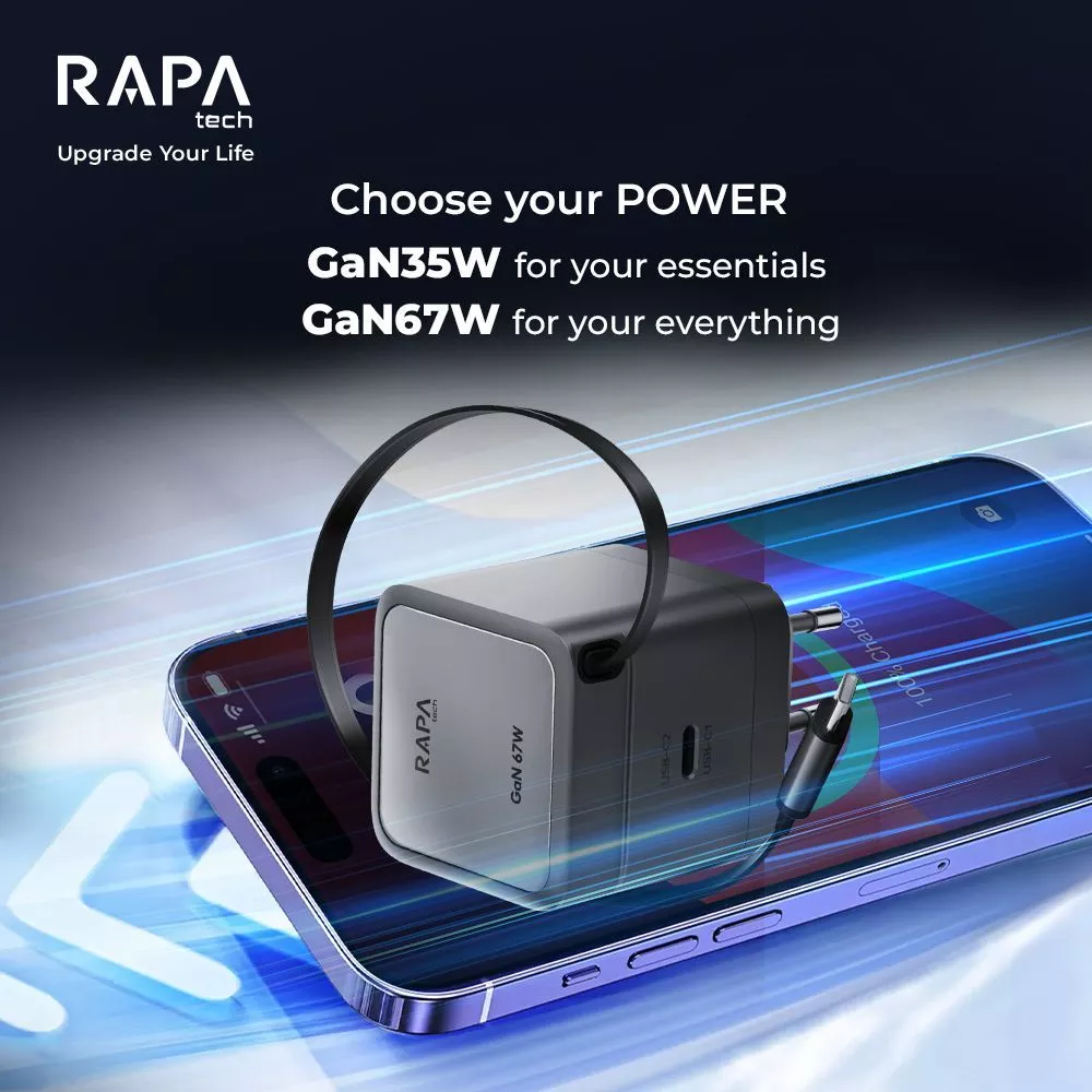 RAPAtech Power Loop GaN PD 35W 67W Adaptor Charger with Dual Port Retractable Cable USB-C