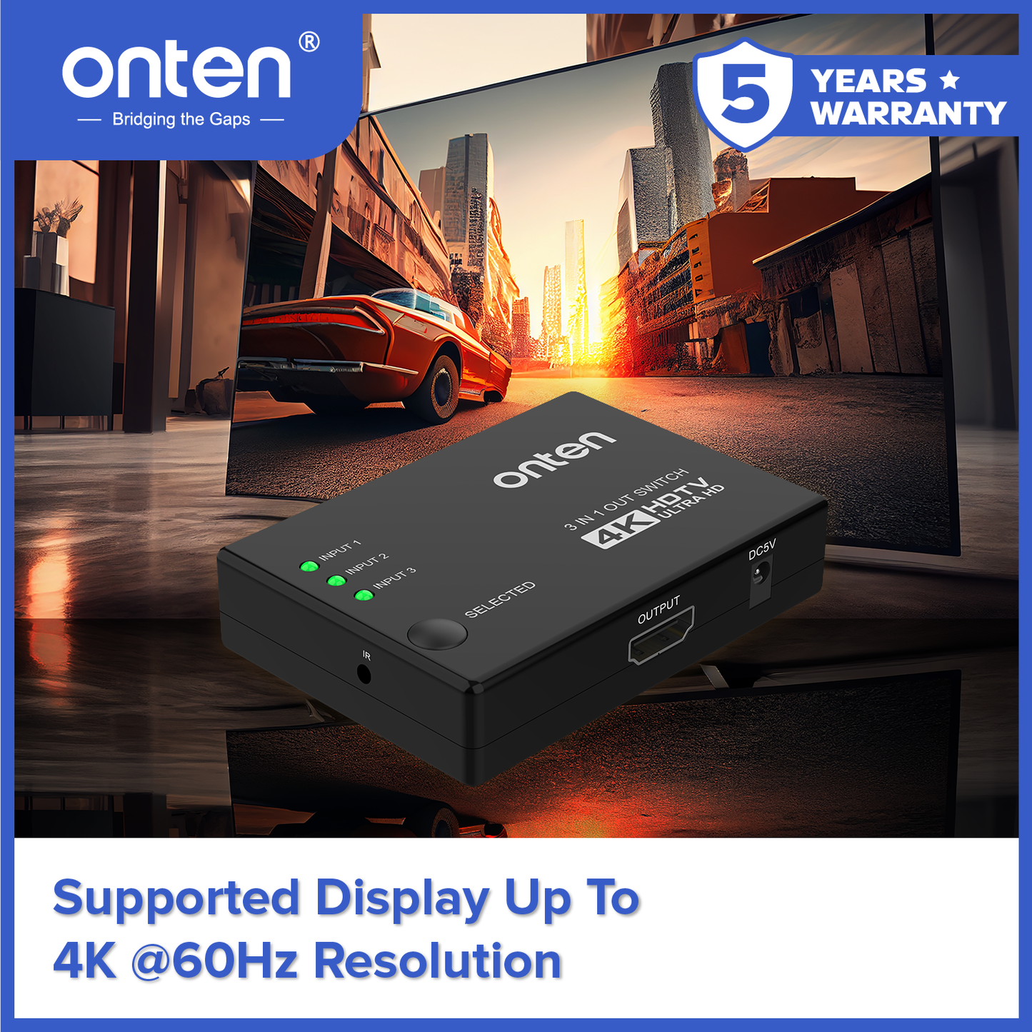 Onten Switcher 3in1 HDMI Ports Output with Remote Control HDTV 4K 60Hz Resolution OTN-CS341