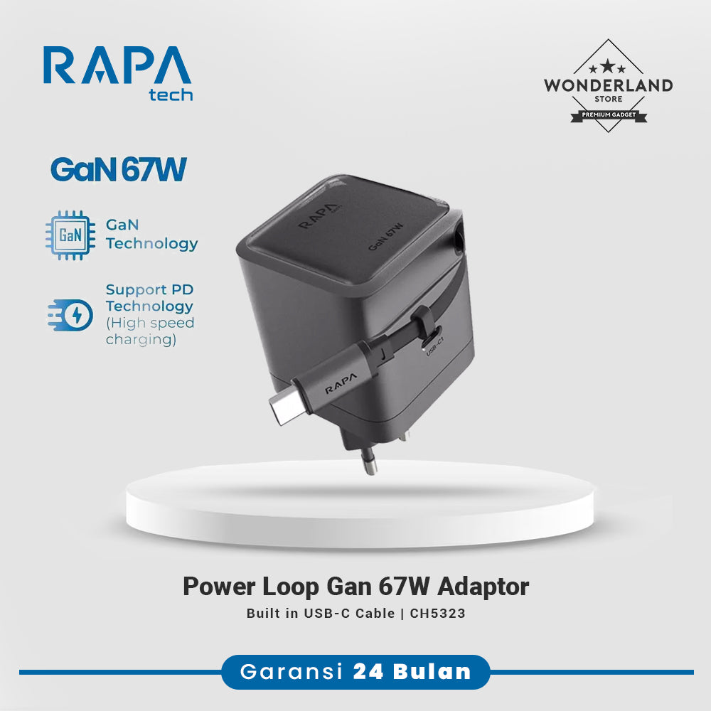 RAPAtech Power Loop GaN PD 35W 67W Adaptor Charger with Dual Port Retractable Cable USB-C