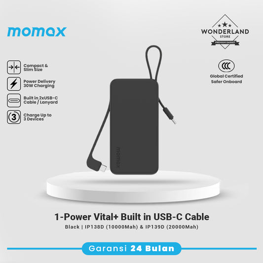 Momax CCC Powerbank 1-Power Vital+ Power Bank 30W 10000mAh With 2 Built-In USB-C Cables
