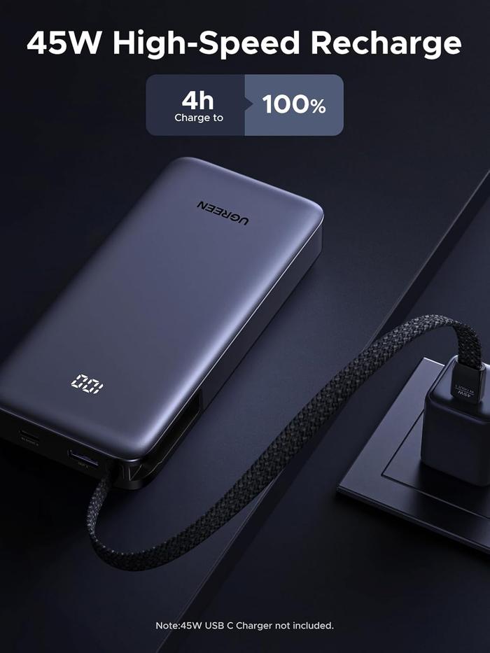 Ugreeen Powerbank 65W 67W Built-in Retractable Cable 20.000mAh PD Fast Charging