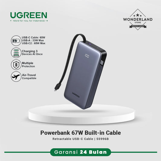 Ugreeen Powerbank 65W 67W Built-in Retractable Cable 20.000mAh PD Fast Charging