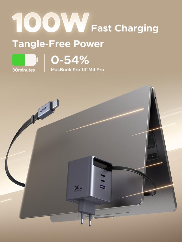 Ugreen Nexode GaN Pro 100W Adaptor Charger Built-in Retractable Cable USB-C Fast Charging