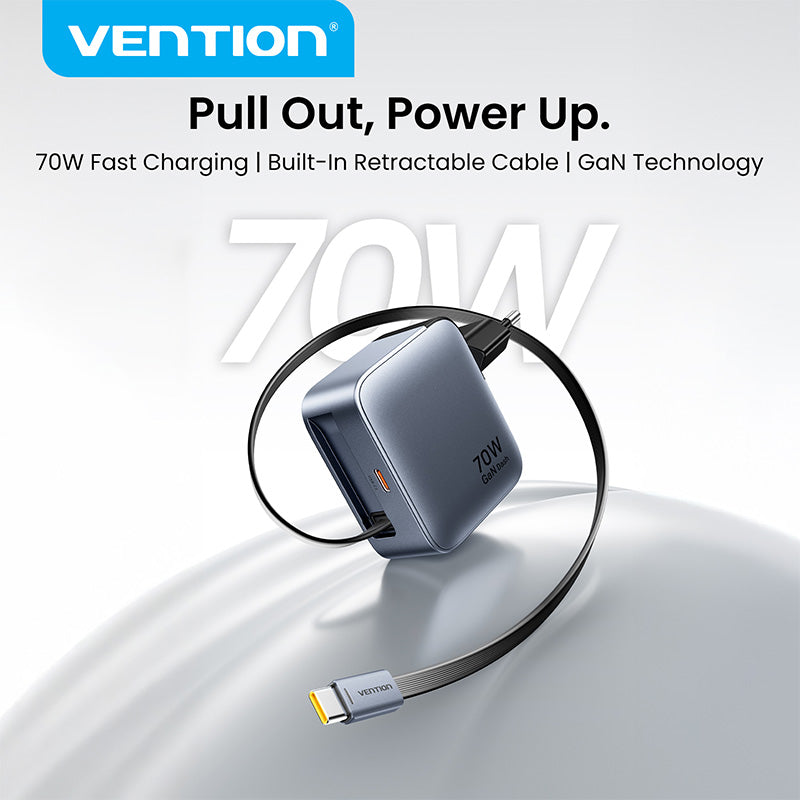 Vention GaN Dash Adaptor 70W GaN Charger PD PPS Built in USB-C Retractable Cable