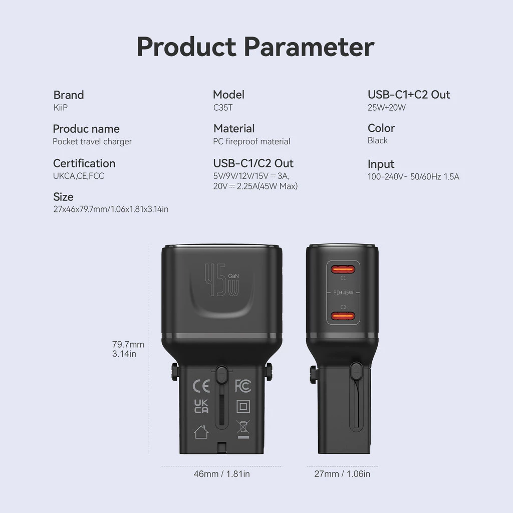 KIIP Universal Travel Adapter 25W 30W 45W PD PPS QC Fast Charging EU/US/US/JP/AU