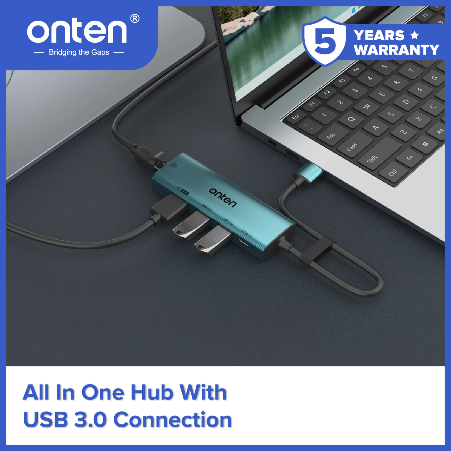 Onten Converter USB 3.0 to 5in1 LAN RJ45 + HDMI + USB for Extend Duplicate Monitor Layar OTN-US125