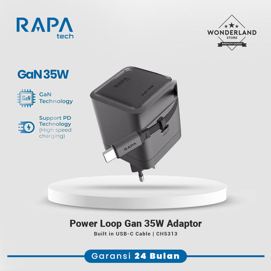 RAPAtech Power Loop GaN PD 35W 67W Adaptor Charger with Dual Port Retractable Cable USB-C