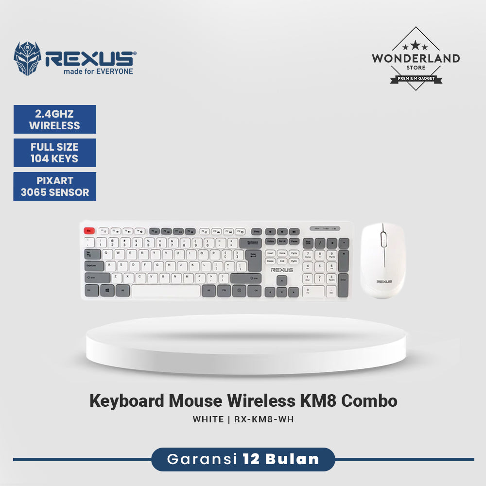 Rexus KM8 Keyboard Mouse Wireless Combo Silent Click Full Size 2.4Ghz Nano Receiver