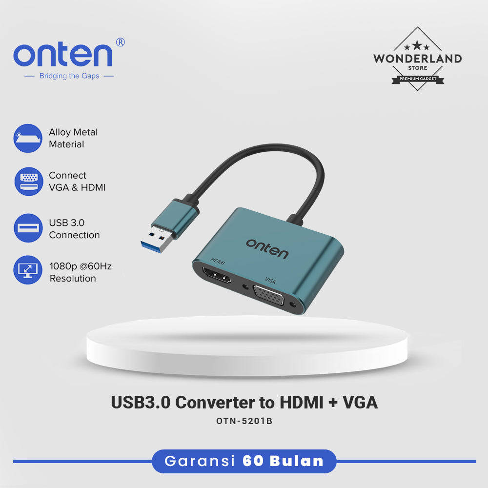 Onten USB3.0 Converter HUB 2in1 to HDM+VGA Dual Port Audio OTN-5201B