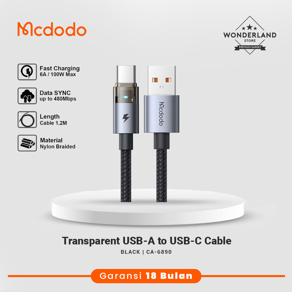 Mcdodo Kabel Data Transparant 6A USB-A to USB-C Super Charge,QC4,VOOC