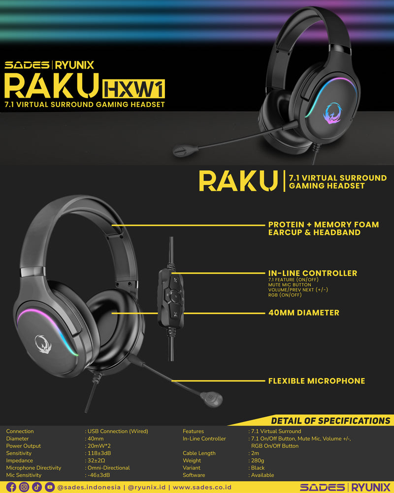 Sades Ryunix Raku Headset Gaming Wired 7.1 Virtual Surround In Line Control
