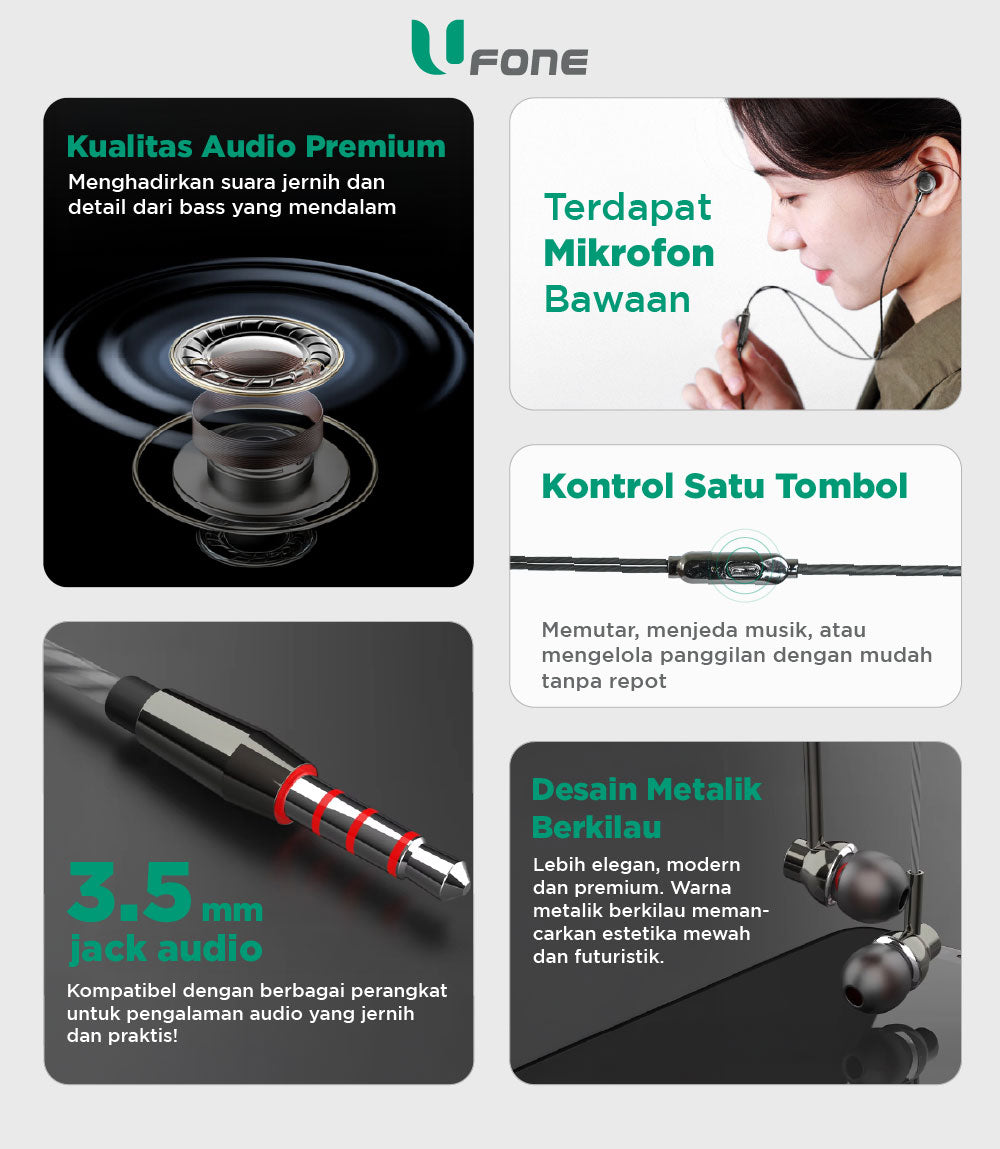 U1me x Ufone Wired Earphone In Ear Jack 3.5 / USB-C Stereo Headset Bass Boost WI03 WI04-C