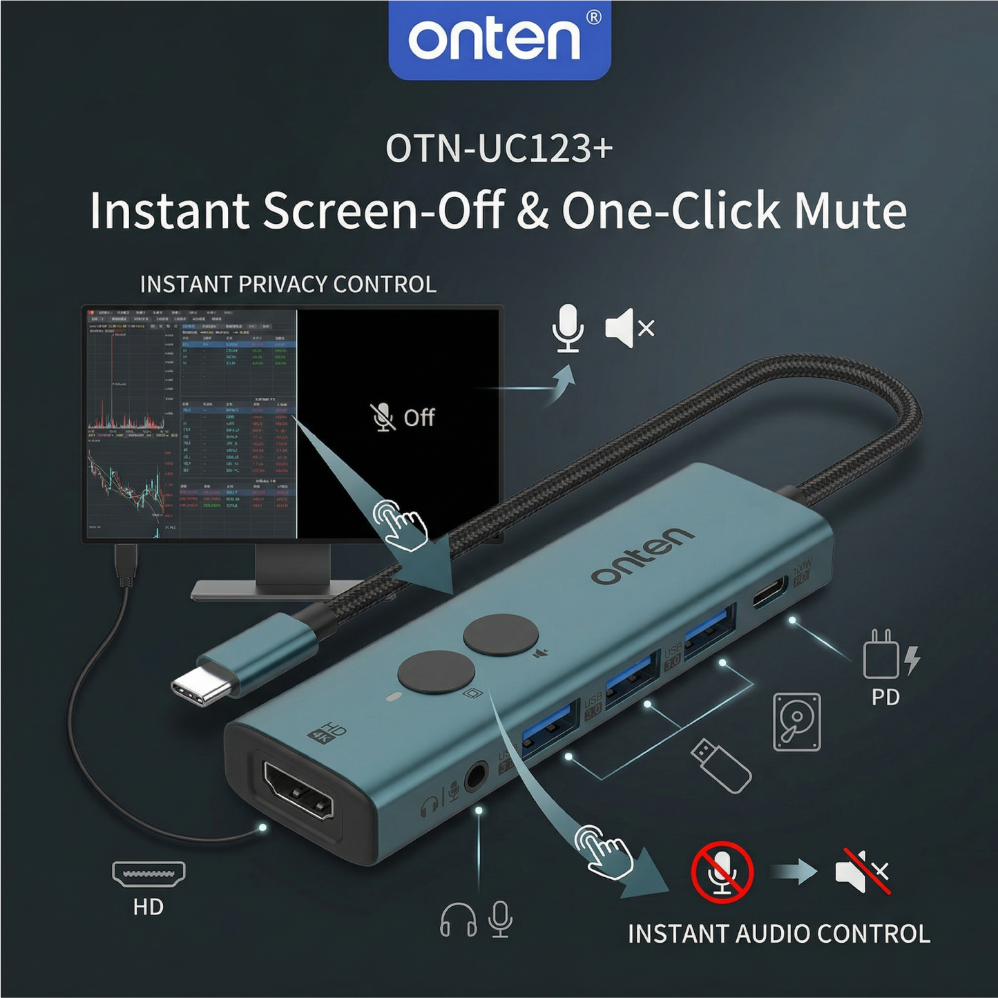 Onten USB-C HUB 6in1 with Screen OFF & Mute Compatible Mac OS Windows 4K 30Hz Resolution OTN-UC123P