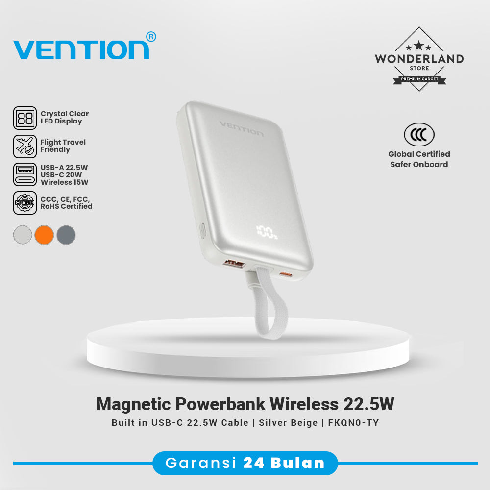 Vention CCC Magnetic Powerbank 10000mAh Fast Charging 22.5W Wireless 15W Built in Cable USB-C