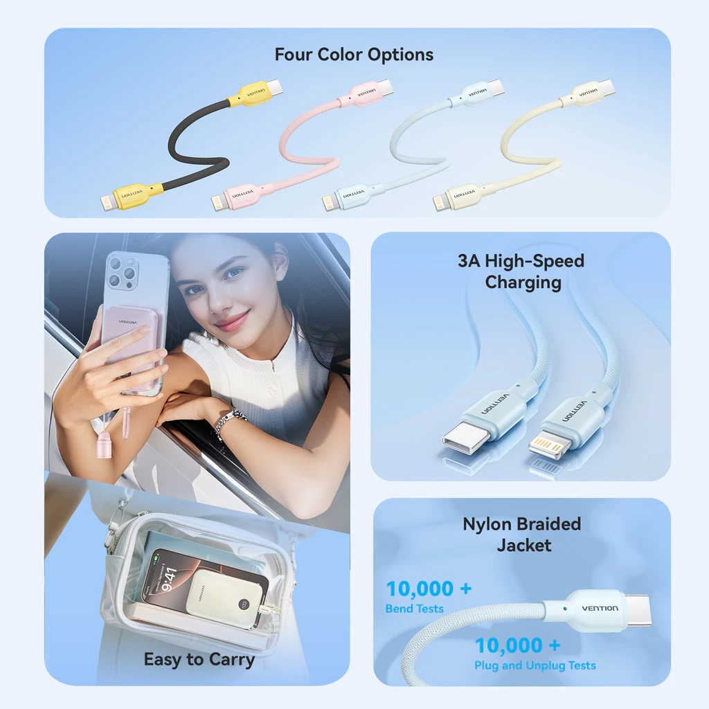 Vention Kabel Powerbank Pendek USB-C to Lightning Velo Series 27W 3A Fast Charging Nylon Braided