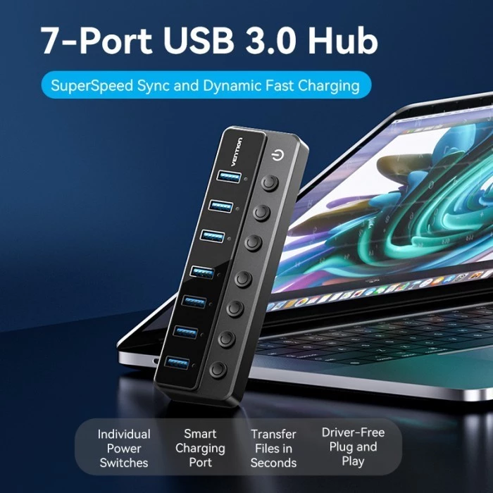 Vention Hub 8 in 1 3.0 Individual Power Switches Led & DC 5.5mm Power Adapter - CHX