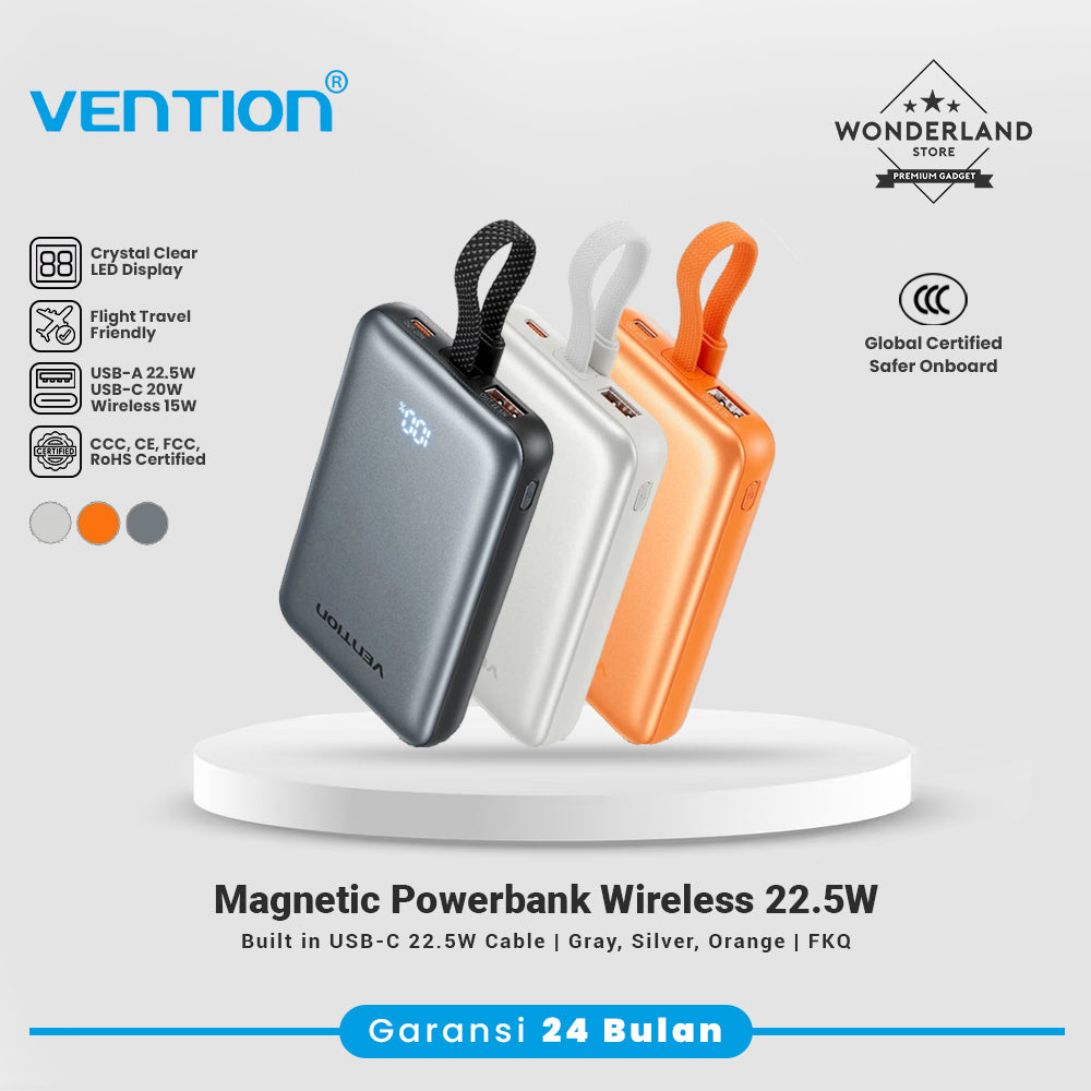 Vention CCC Magnetic Powerbank 10000mAh Fast Charging 22.5W Wireless 15W Built in Cable USB-C