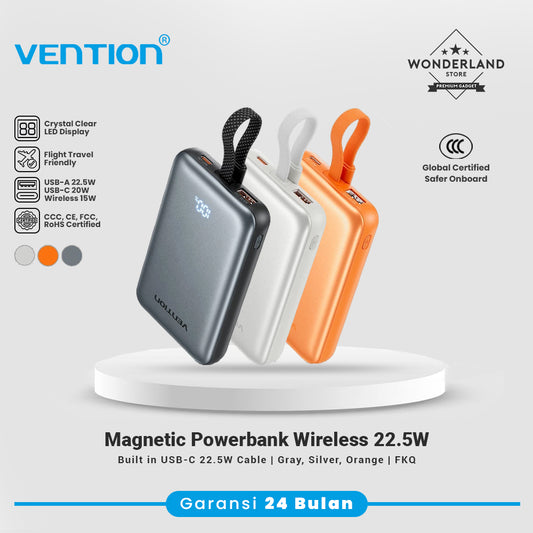 Vention CCC Magnetic Powerbank 10000mAh Fast Charging 22.5W Wireless 15W Built in Cable USB-C