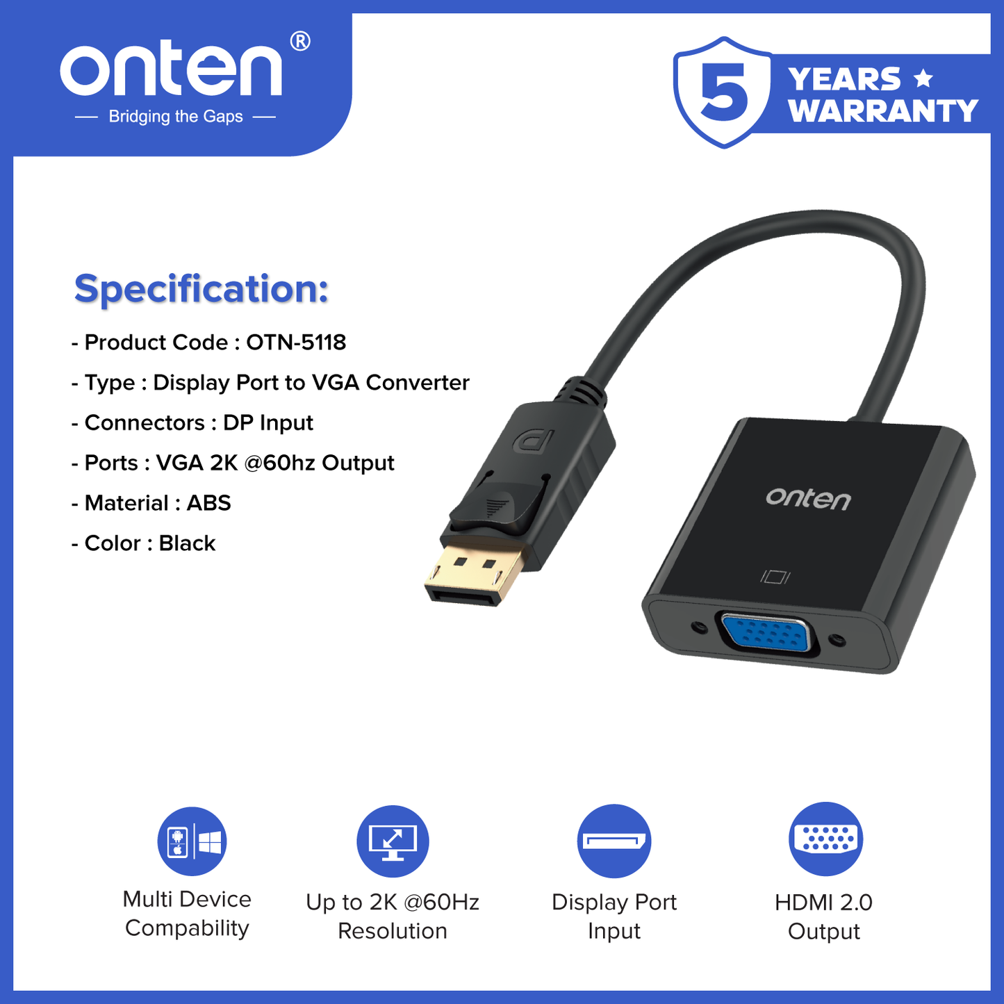 Onten Kabel DP Display Port to VGA Converter 2K @60Hz Resolution OTN-5118