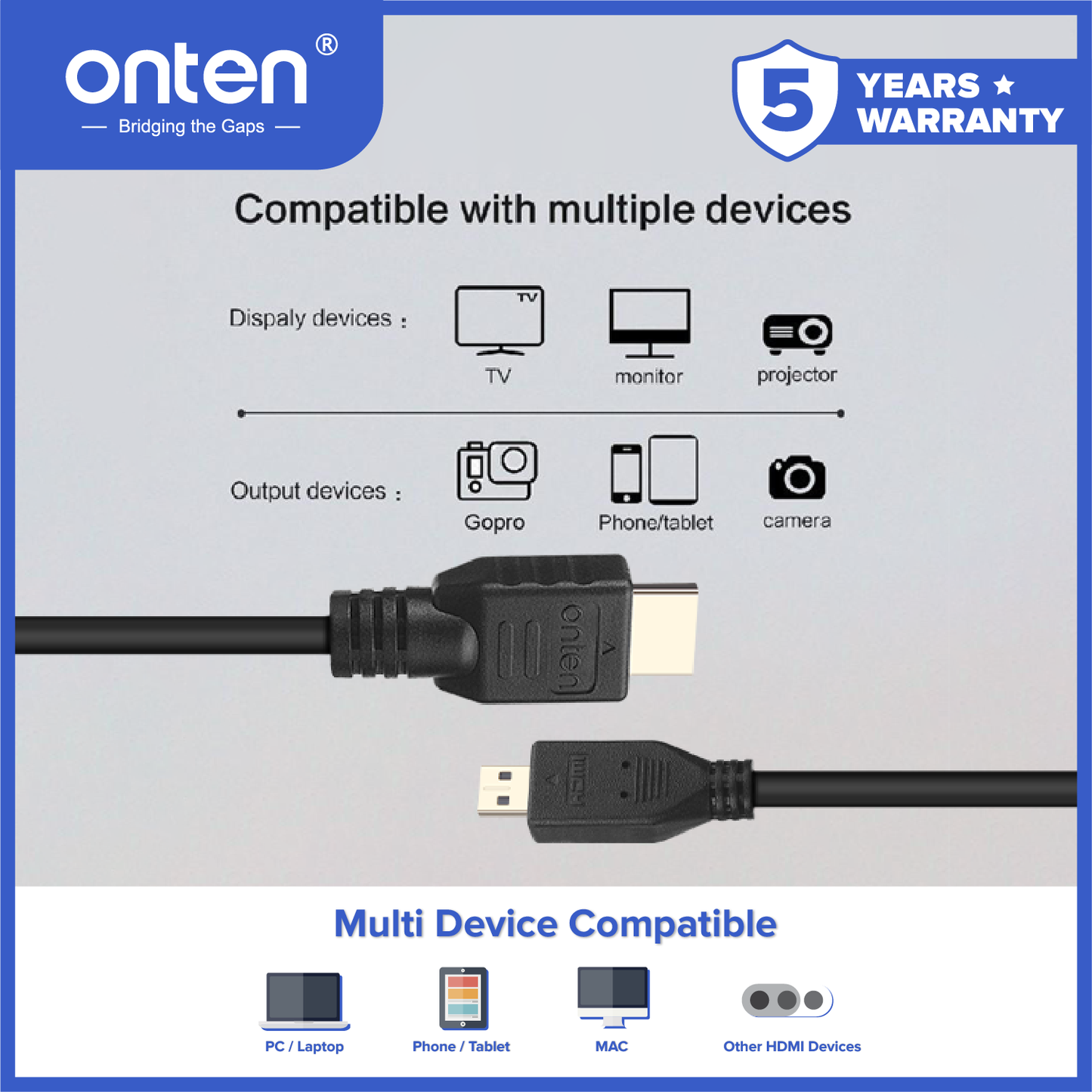 Onten Kabel HDMI To Micro HDMI / Mini HDMI Male 1080P Multi Device Compatible OTN-HD102 / OTN-HD105