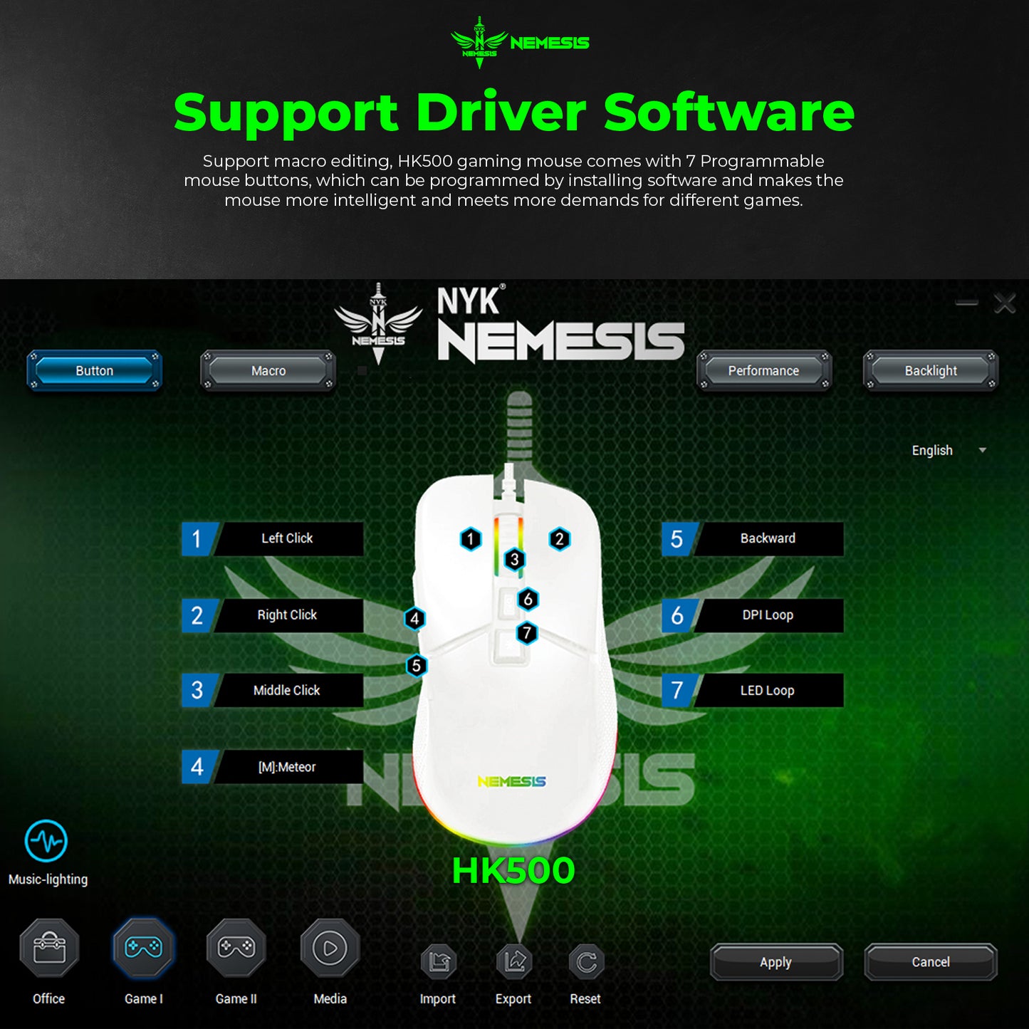 NYK Nemesis Mouse Gaming HK500 Wired Connection Macro Setting 7D Buttons