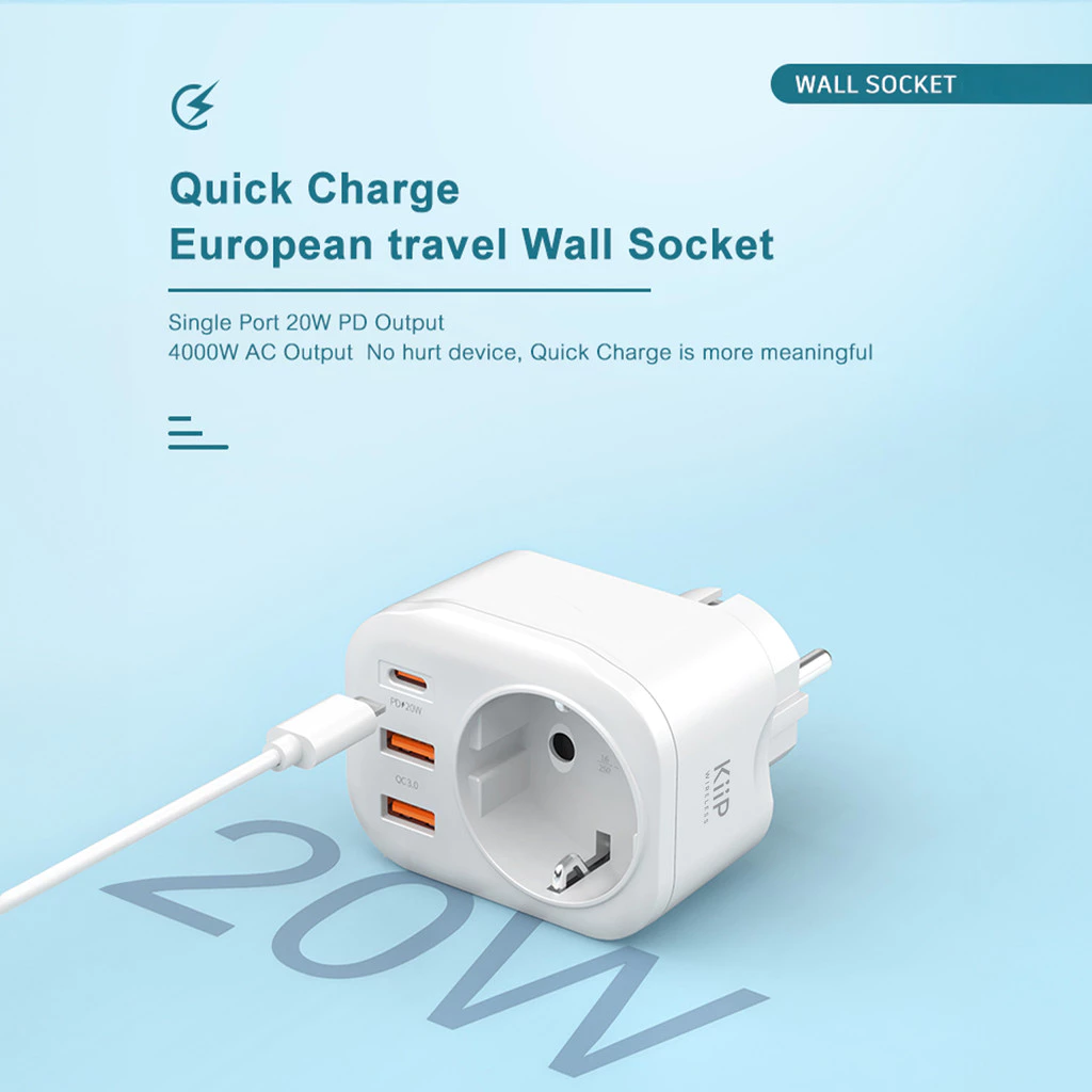 KiiP C26T Travel Adaptor 20W Fast Charging Dual USB 18W + USB-C 25W