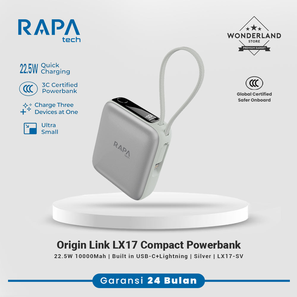 Rapatech CCC Powerbank Origin Link LX17 PD22,5W 10000Mah Ultra Mini Size Built in Dual Cable