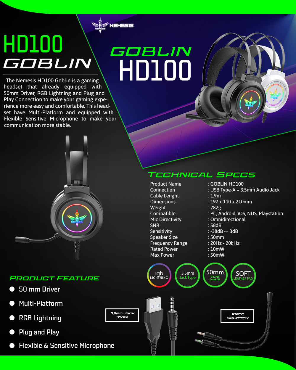 NYK Nemesis Goblin HD100 Wired Headphone 50mm Driver Stereo Sound Jack 3.5mm with Microphone