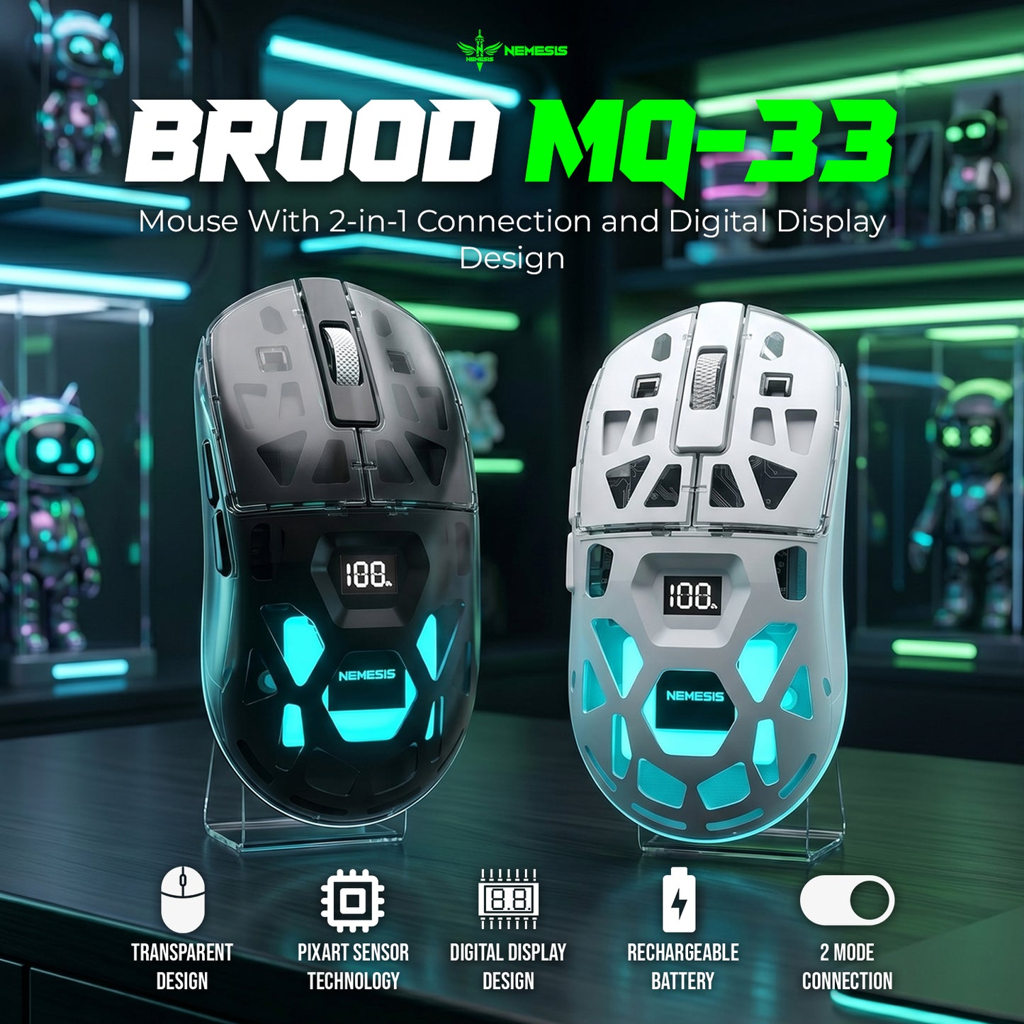 Nemesis Brood MQ-33 Mouse Wireless Gaming Transparent with Digital Display