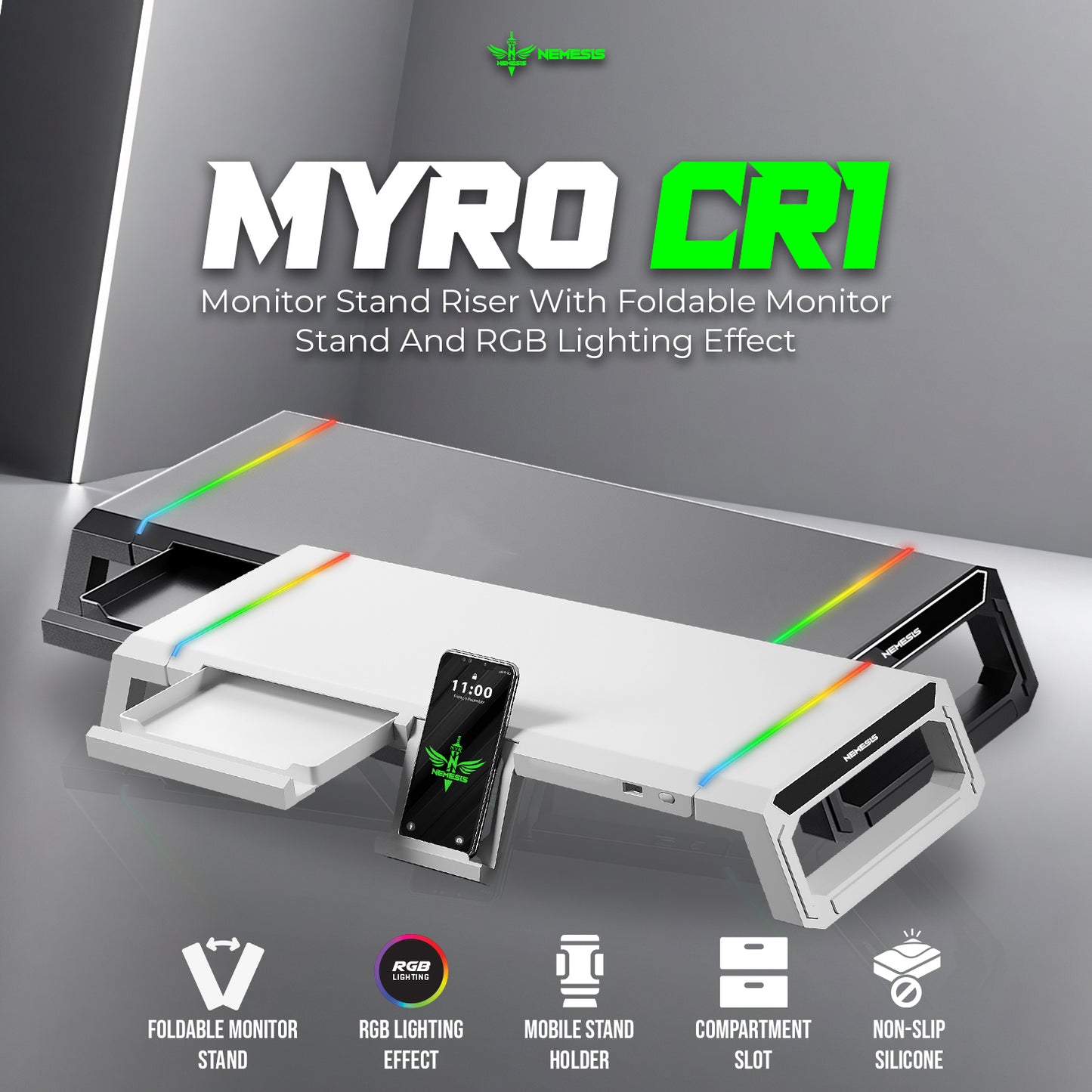 Nemesis Myro Stand Meja Monitor Foldable RGB with Phone Holder Nemesis MYRO CR1