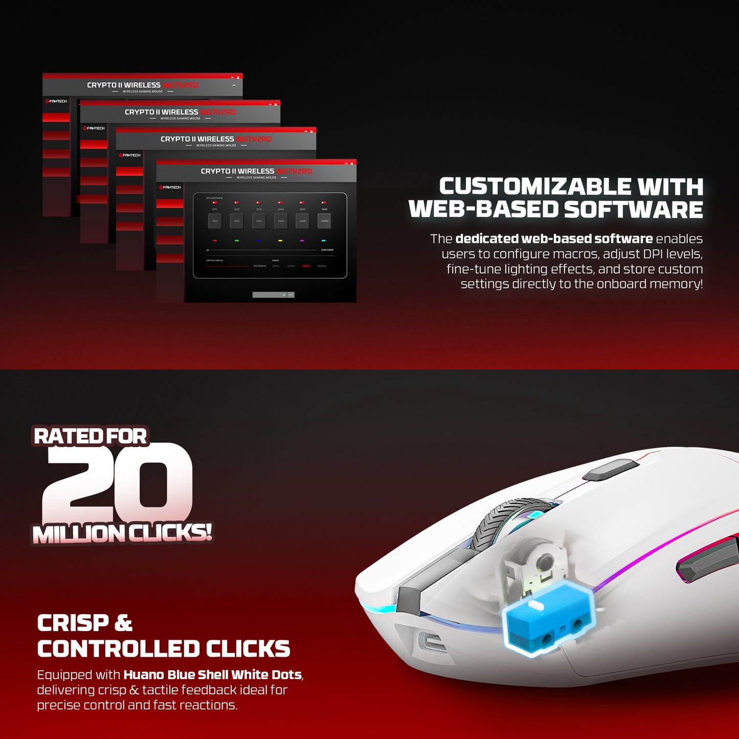 Fantech CRYPTO II WG7V2RD Wireless Gaming Mouse With RGB Gaming Optical Sensor