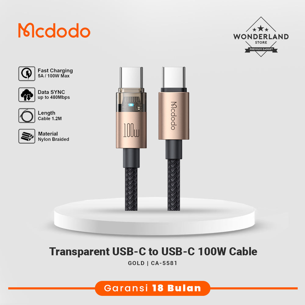 Mcdodo Kabel Data Transparant USB-C to C 100W PD PPS LED Indicator