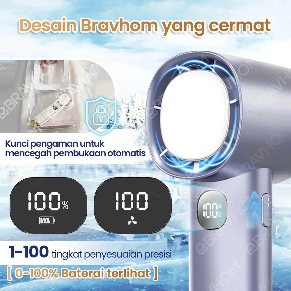 BRAVHOM FN12 Kipas Angin Mini Portable 4000mAh High-Speed 16000RPM LED 100Gear Lampu Malam