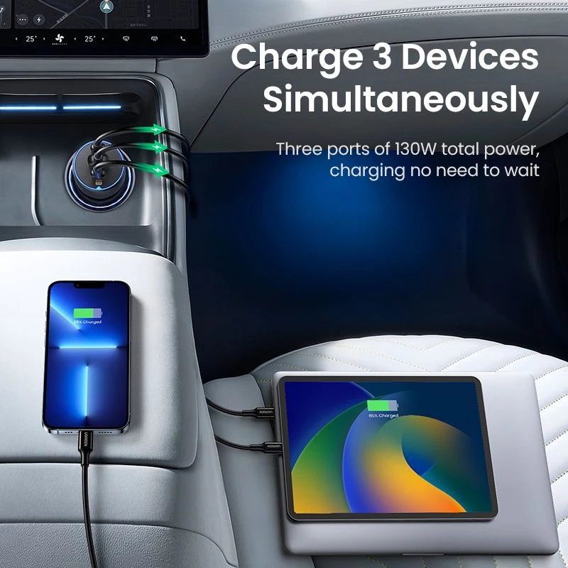 Ugreen Car Charger 130W 3 Port 2xUSB-C + 1xUSB-A 100W 30W Fast Charging