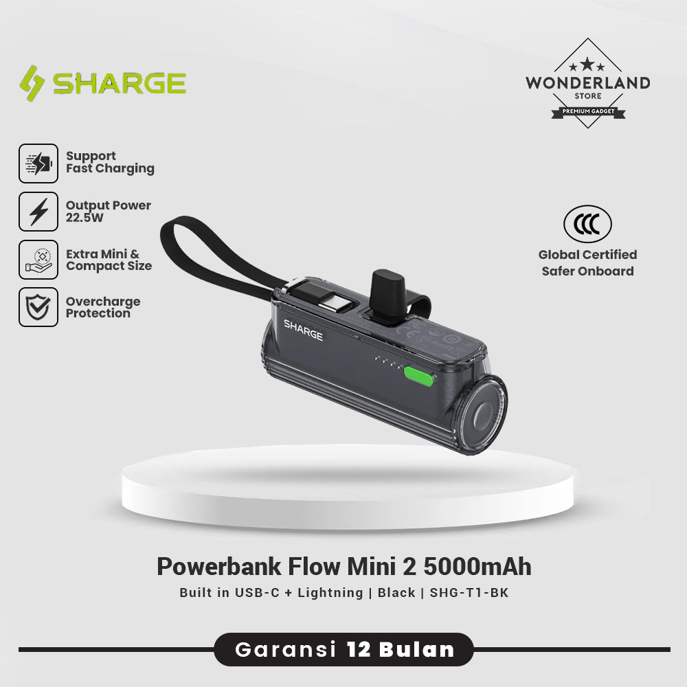 Sharge Powerbank Flow Mini 2 Duo 5000mAh Built-in USB-C + Lightning PD 22.5W Fast Charging